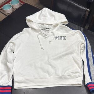 PINK Victoria's Secret White Hoodie with Blue and Red Accents